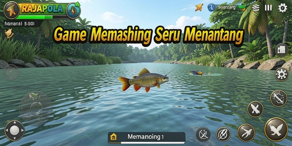 Antarmuka RAJAPOLA menampilkan lokasi memancing yang menakjubkan dan alat pancing yang beragam.
